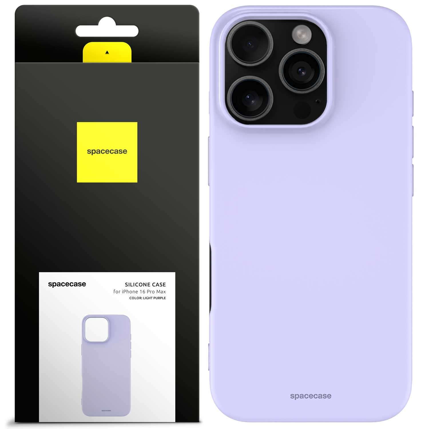 Jasnofioletowe etui na telefon obok opakowania, z wycięciami na aparat i napisem spacecase w prawym dolnym rogu.