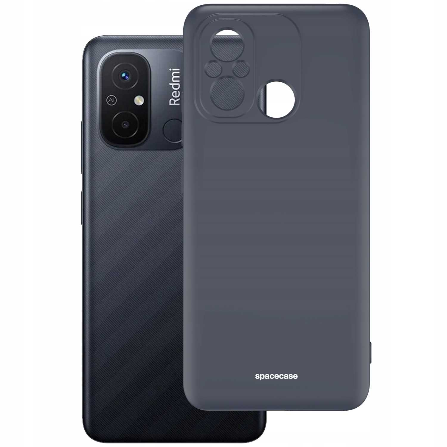 Niebieskie etui na telefon znajduje się obok czarnego telefonu. Na etui na telefon widnieje napis Spacecase.