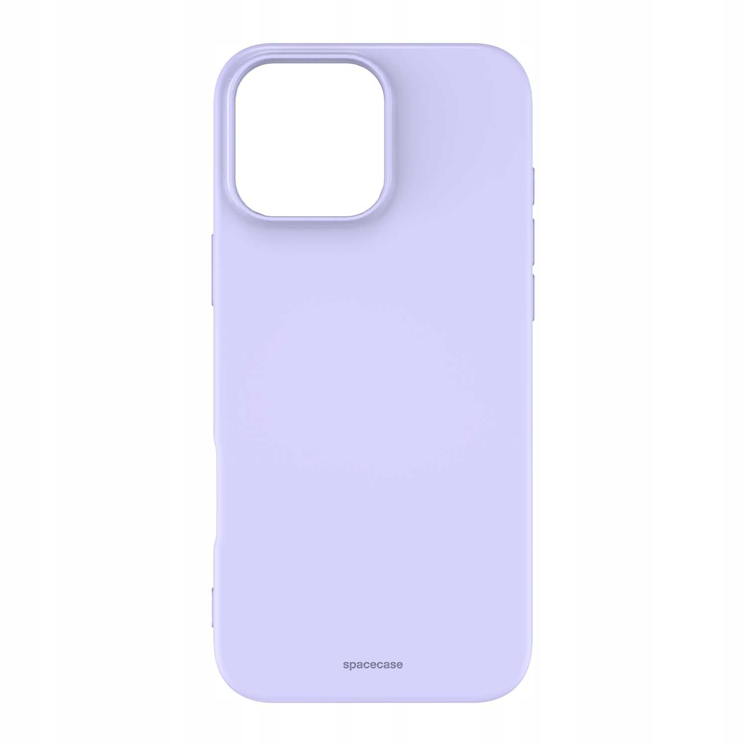 Jasnofioletowe etui na telefon skierowane jest w stronę aparatu. Na etui znajduje się słowo Spacecase.