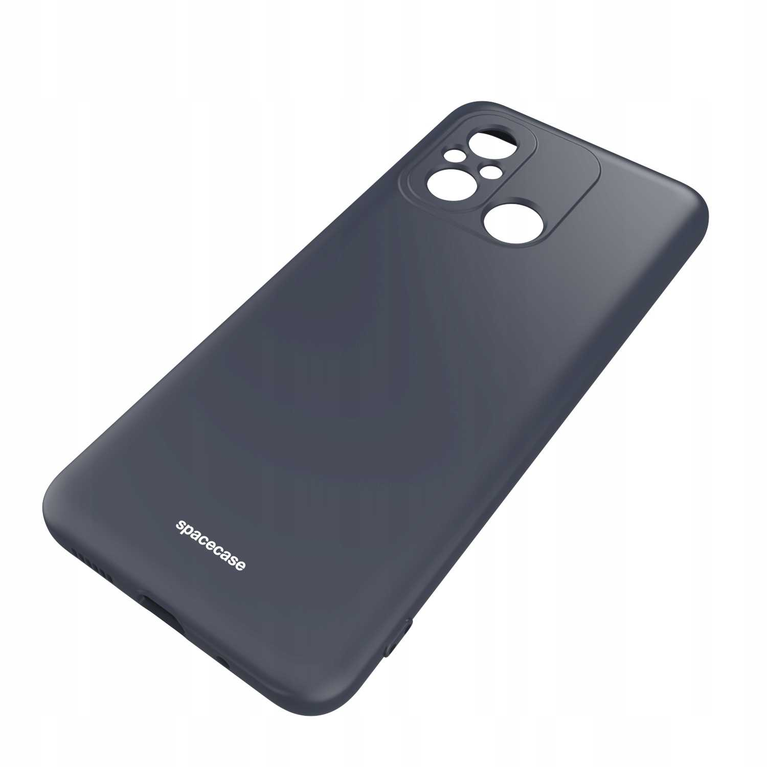 Niebieskie etui na telefon odwrócone jest tyłem do aparatu. Na etui znajduje się słowo Spacecase.
