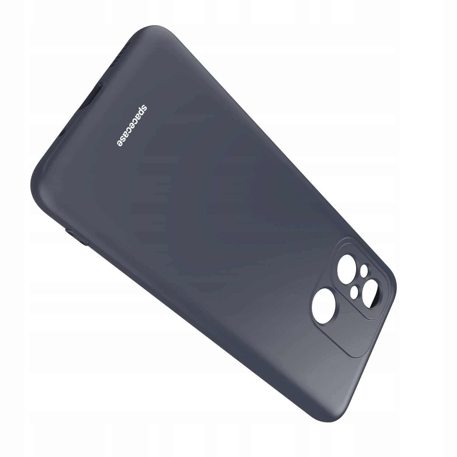 Niebieskie etui na telefon odwrócone jest tyłem do aparatu. Na etui znajduje się słowo Spacecase.