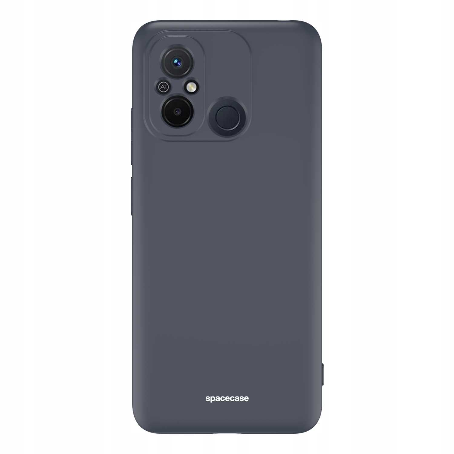 Niebieskie etui na telefon skierowane jest w stronę aparatu. Na etui znajduje się słowo Spacecase.