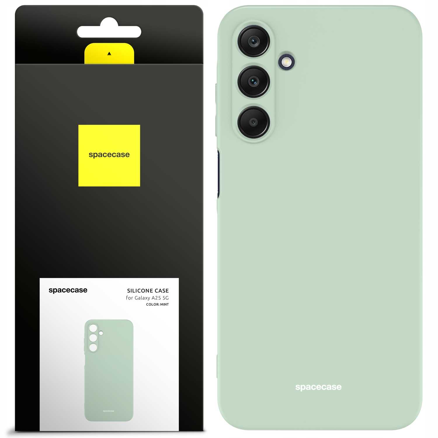 Miętowozielone etui na telefon i opakowanie z logo Spacecase na białym tle.