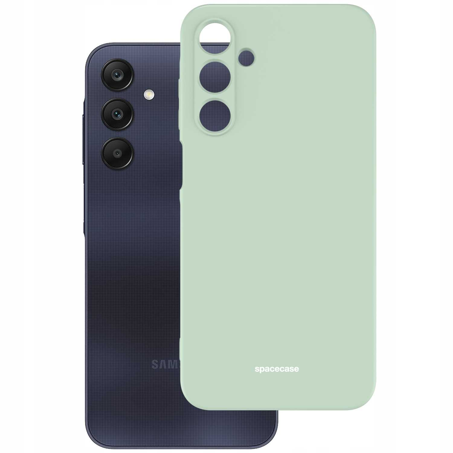 Jasnozielone etui na telefon znajduje się obok ciemnoniebieskiego smartfona na białym tle.