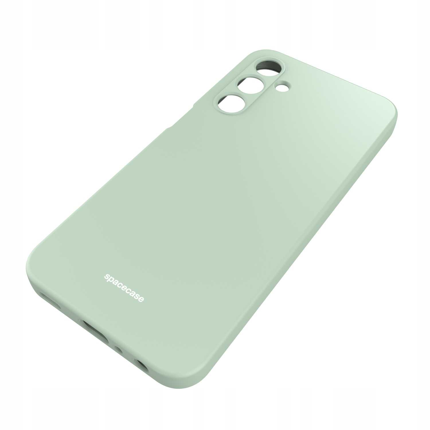 Jasnozielone etui na telefon z otworami na aparat jest wyświetlane pod kątem na białym tle.