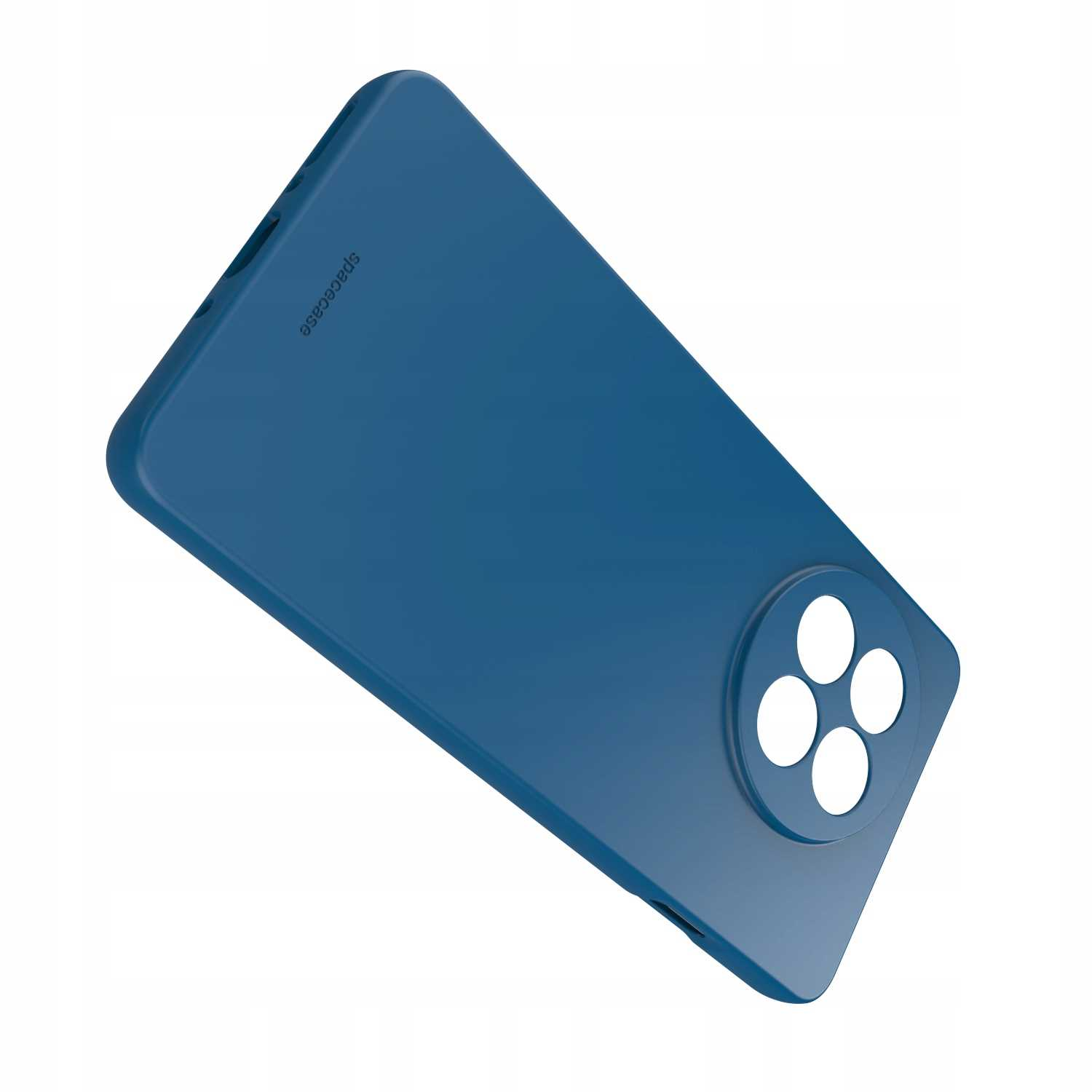 Niebieskie etui na telefon z czterema otworami na obiektywy aparatu jest wyświetlane pod kątem na białym tle.