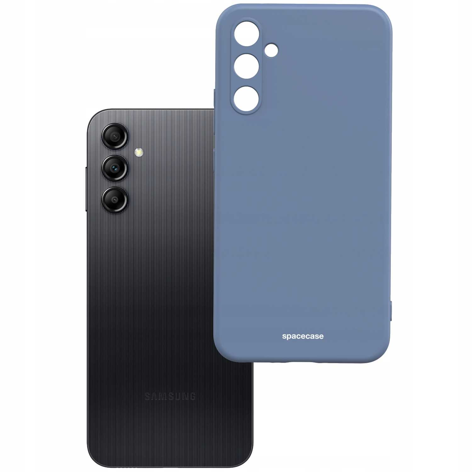 Niebieskie etui na telefon z otworami na aparat znajduje się obok czarnego smartfona na białym tle.