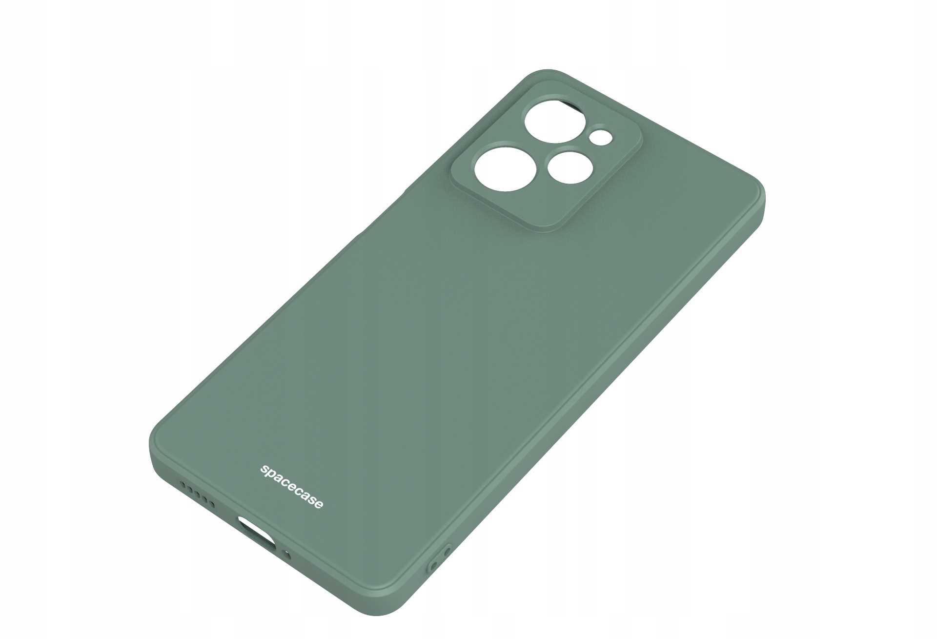 Zielone etui na telefon jest ustawione pod kątem, pokazując otwory na aparat i logo 'spacecase' na dole, na białym tle.