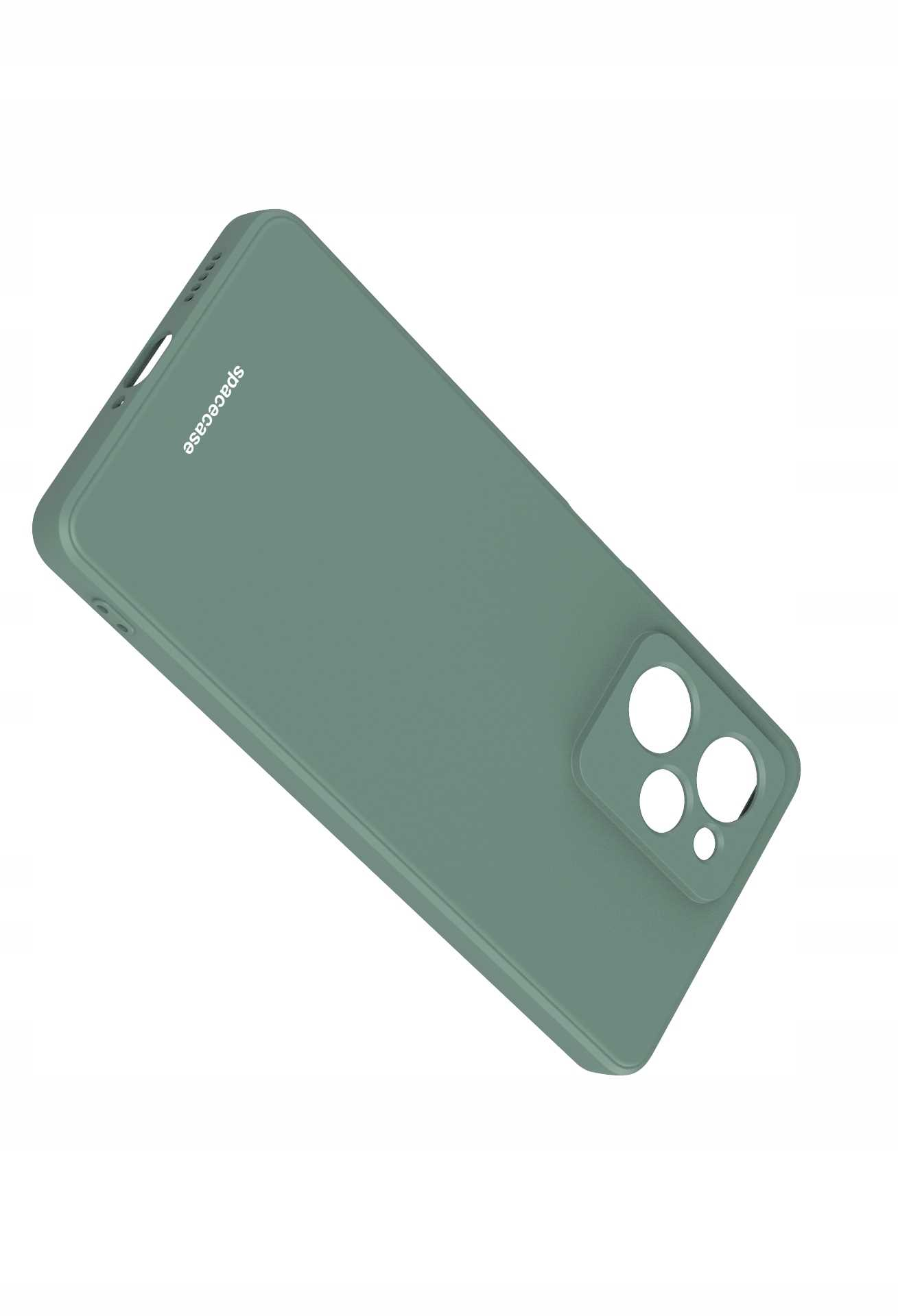 Zielone etui na telefon ustawione pod kątem, pokazujące otwory na aparat i logo 'spacecase' na białym tle.
