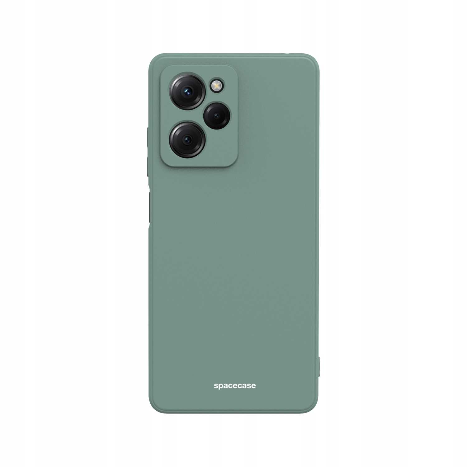 Zielone etui na telefon pokazuje otwory na aparat i logo 'spacecase' na dole, na białym tle.