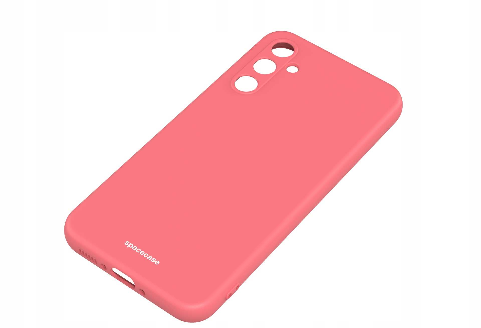 Zdjęcie przedstawia różowe etui na telefon, ustawione pod kątem, aby pokazać otwory na aparat i nazwę marki.