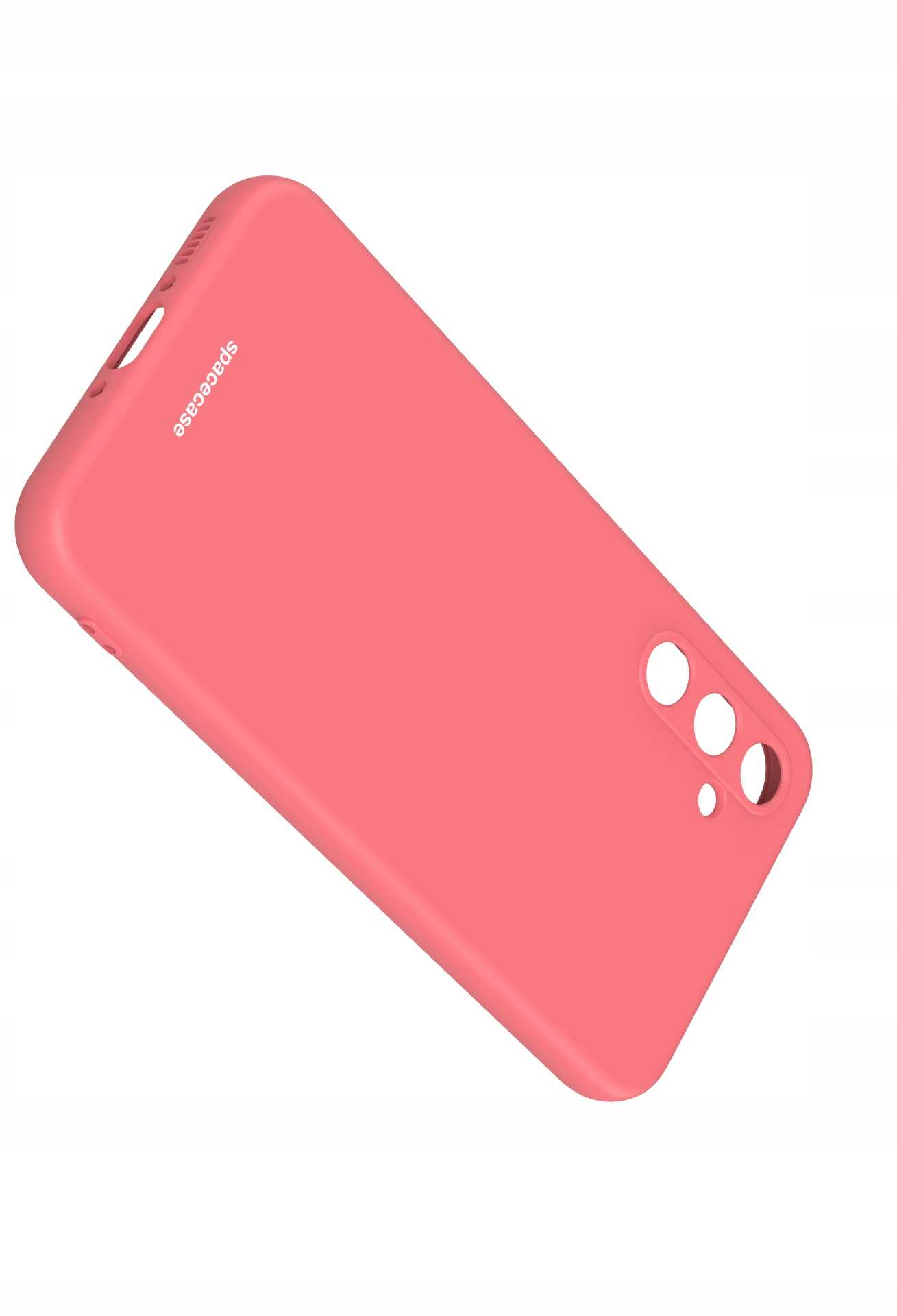 Zdjęcie przedstawia różowe etui na telefon, ustawione pod kątem, aby pokazać otwory na aparat i nazwę marki.