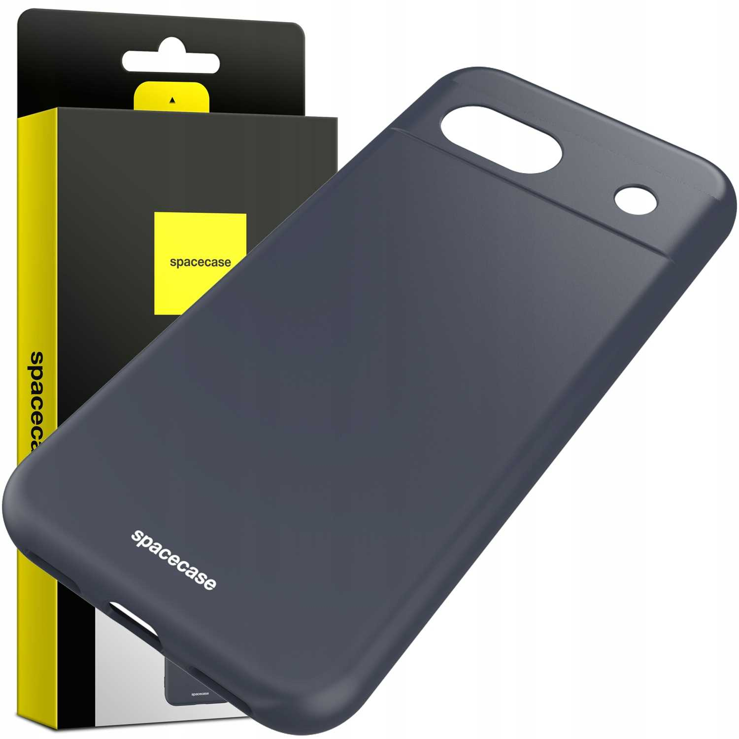 Czarne etui na telefon pod kątem, opakowanie za nim, z otworem na aparat i logo "spacecase" na białym tle.