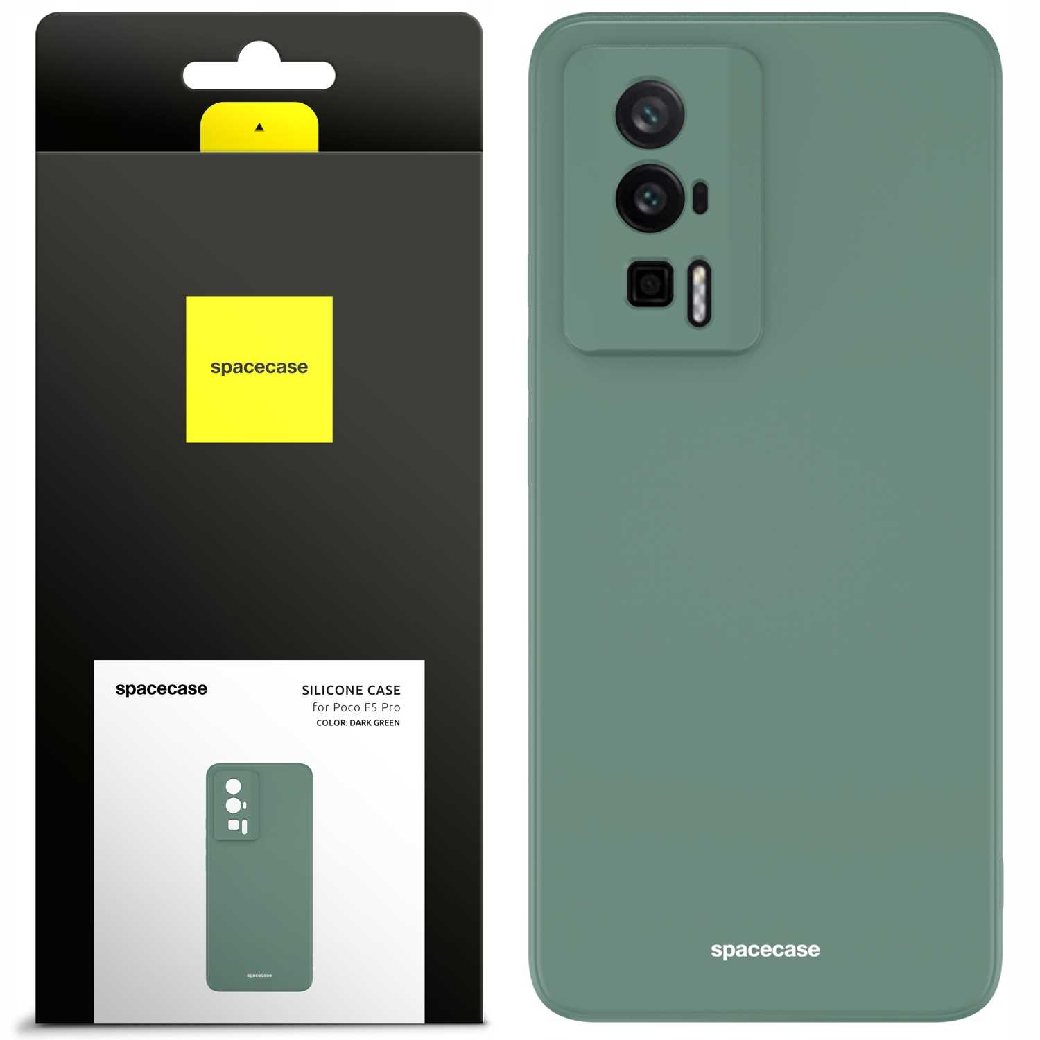 Zielone etui na telefon i jego opakowanie są wyświetlane obok siebie na białym tle.