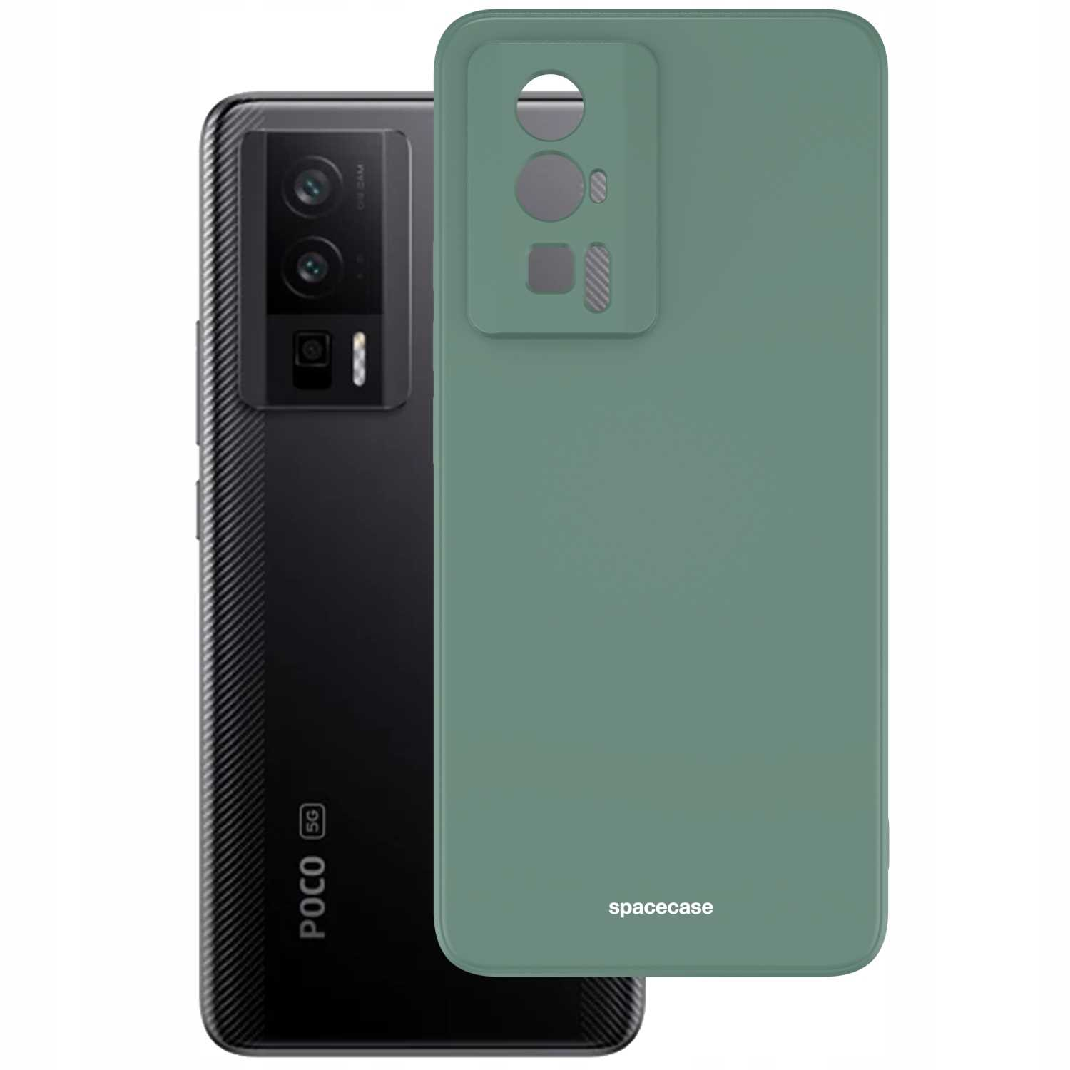 Zielone etui na telefon obok czarnego smartfona na białym tle.