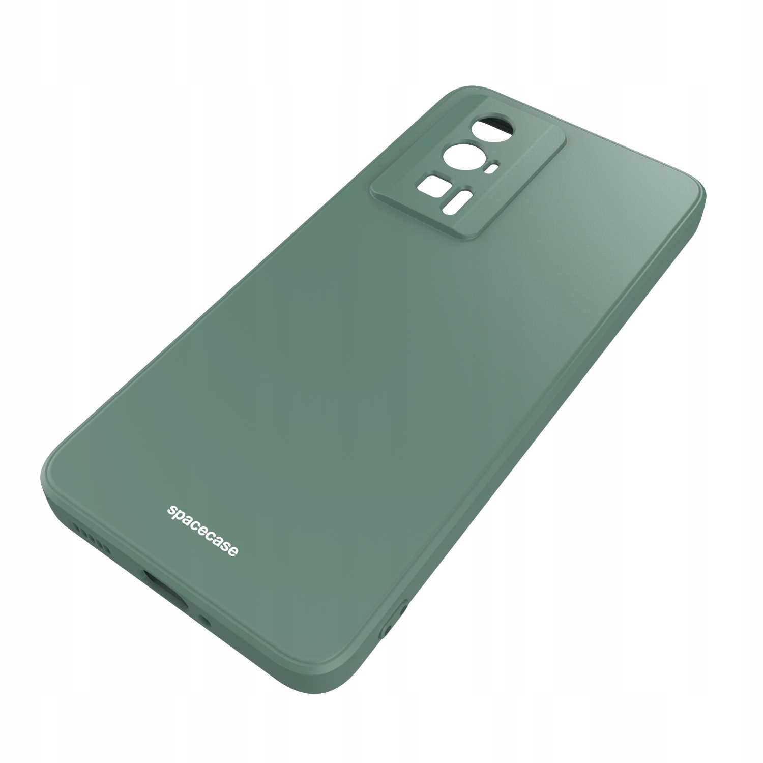 Ukośny widok zielonego etui na telefon z wycięciami na aparat i logo „spacecase”. 