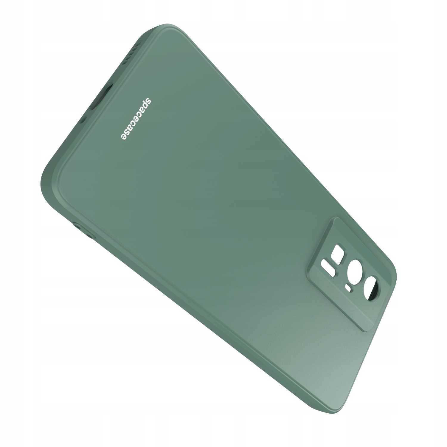 Zielone etui na telefon ustawione pod kątem, pokazujące wycięcia na aparat i logo „spacecase”.
