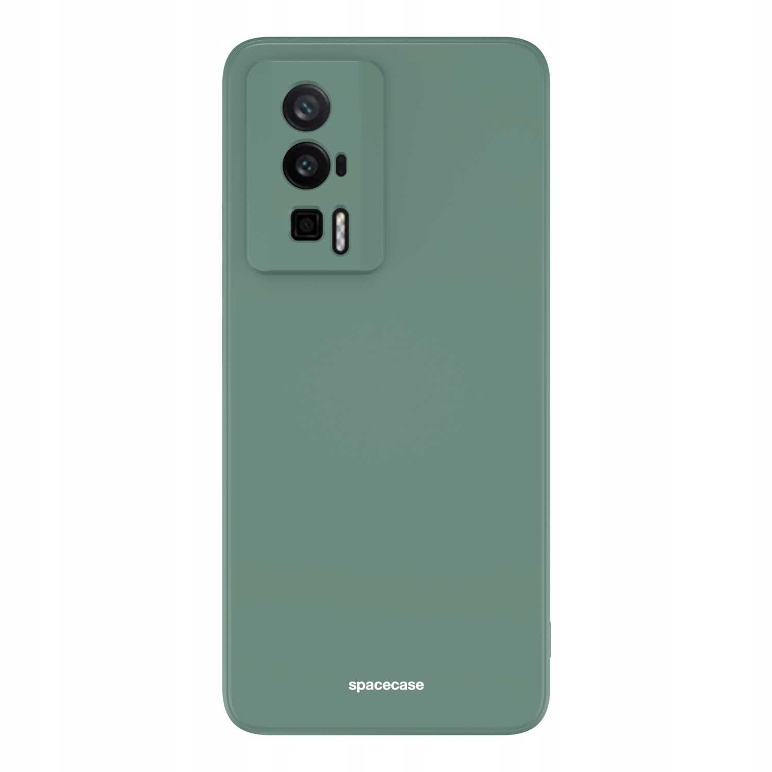 Zielone etui na telefon z wycięciami na aparat i logo „spacecase” na białym tle.