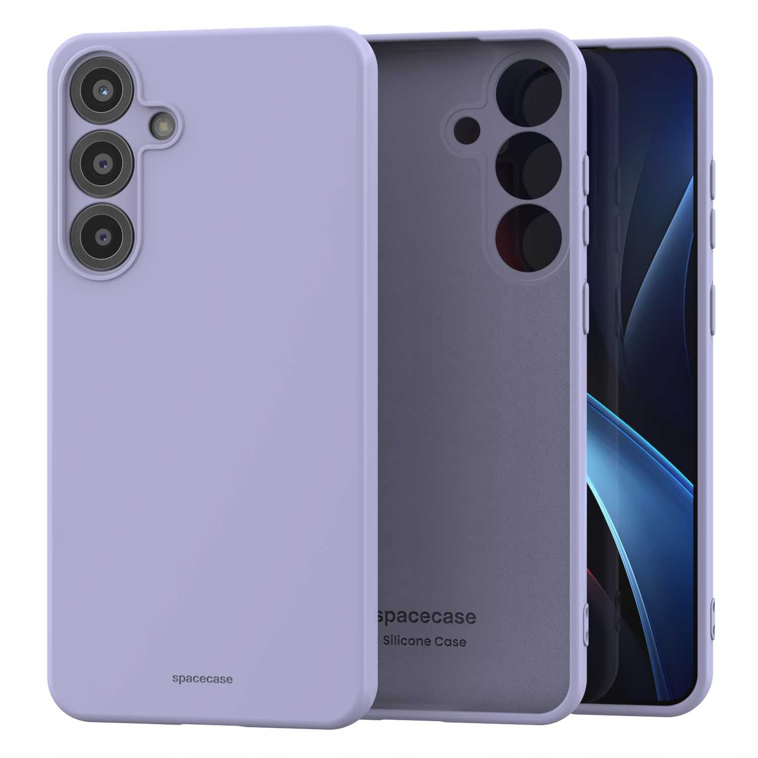 Trzy jasnofioletowe etui na telefon obok siebie, jedno z telefonem w środku.