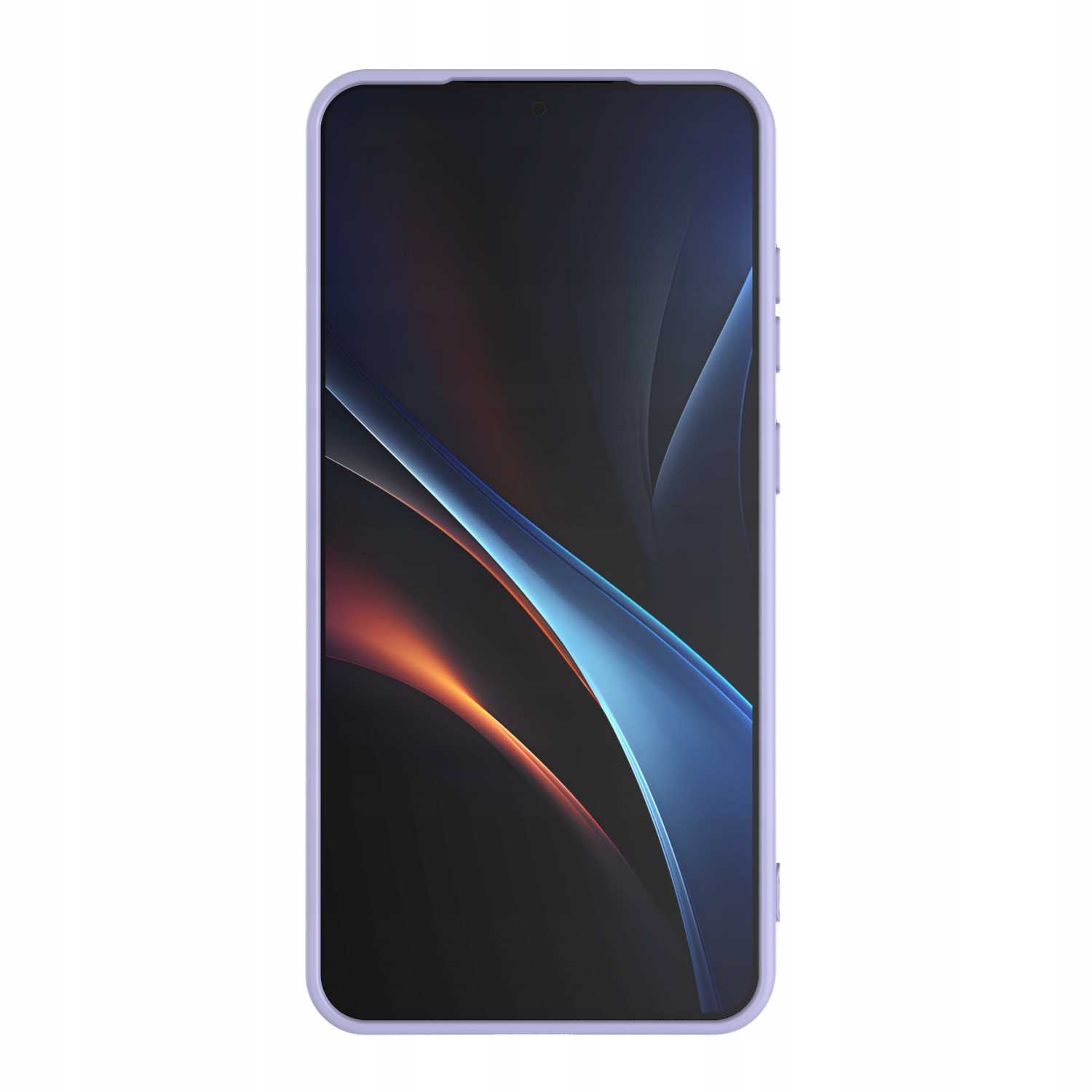 Smartfon z kolorowym wyświetlaczem, zamknięty w jasnofioletowym etui.