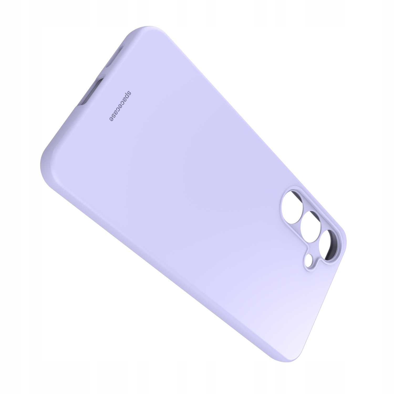 Ustawione pod kątem liliowe etui na telefon, z wycięciami na aparat i logo „spacecase”, odizolowane na białym tle.