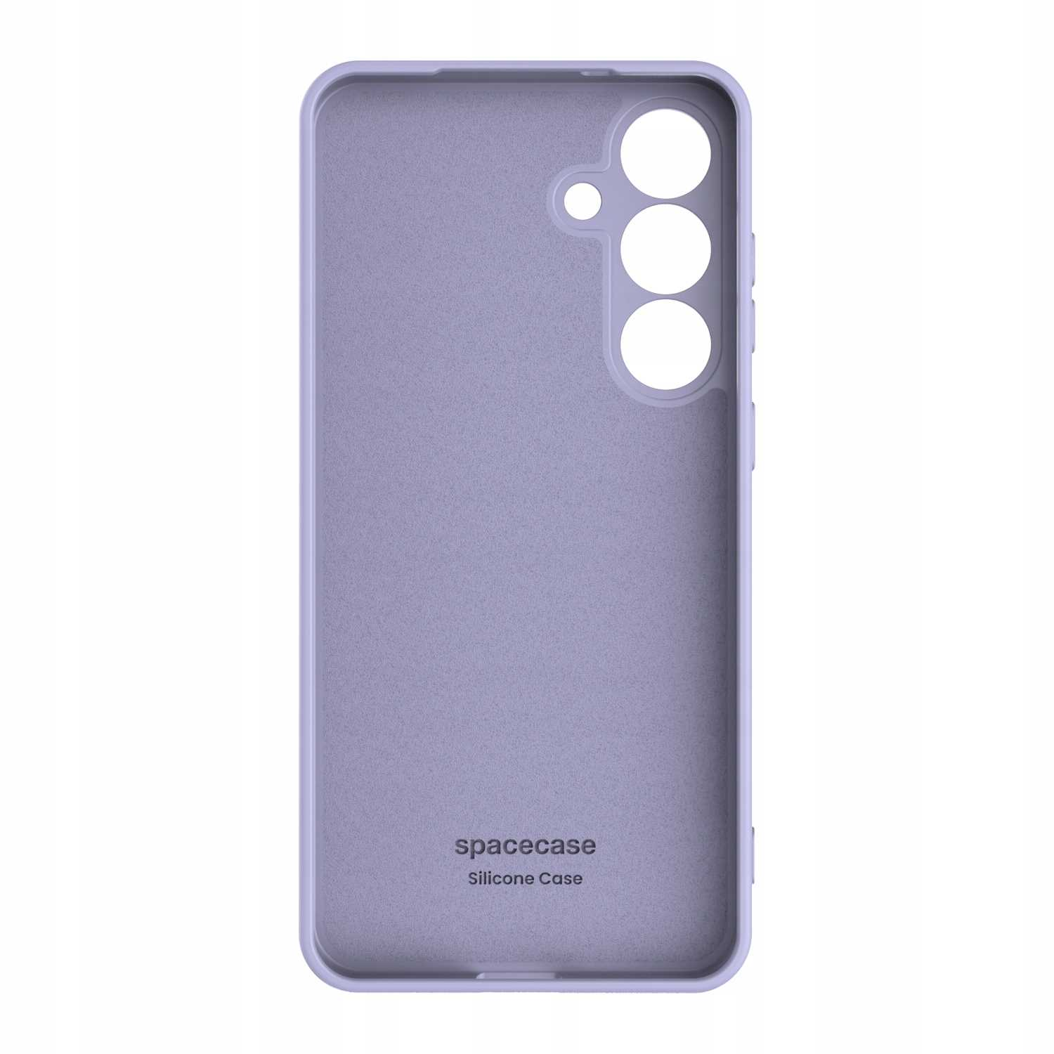 Wnętrze liliowego silikonowego etui na telefon, prezentujące wycięcia na aparat i logo „spacecase” dla ochrony telefonu.