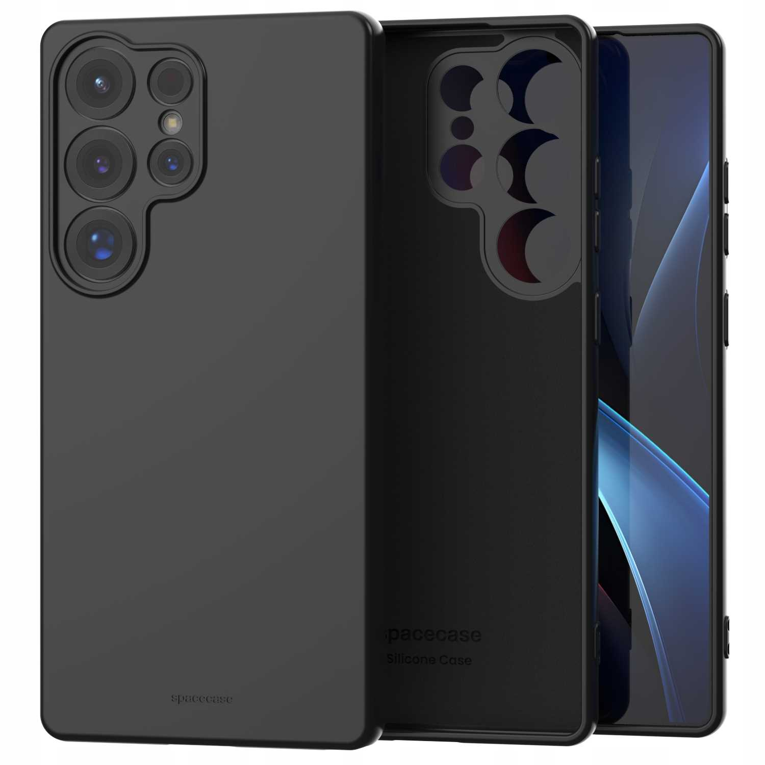 Czarne etui na telefon prezentujące obiektywy aparatu i ekran telefonu, z logo „spacecase”.