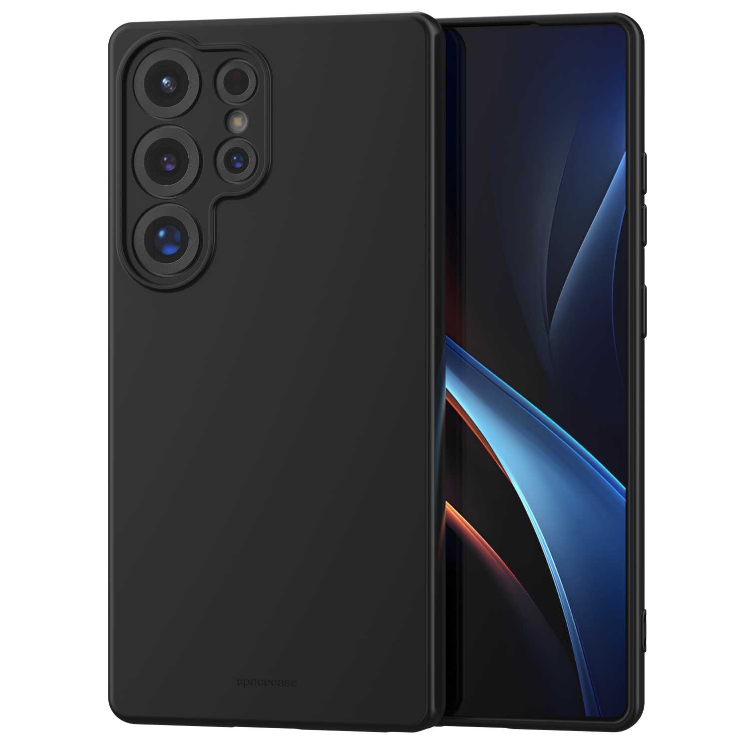 Czarne etui na telefon prezentujące obiektywy aparatu i ekran telefonu, z logo „spacecase”.