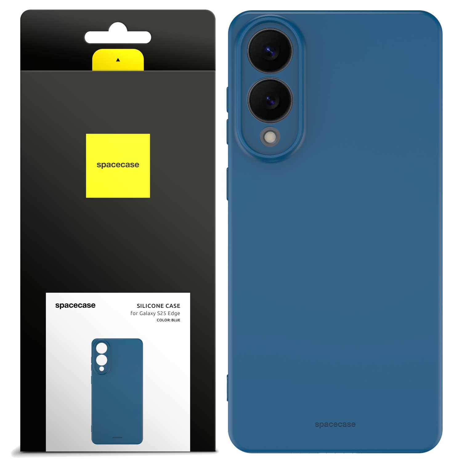 Niebieskie etui na telefon i jego opakowanie z wycięciami na obiektyw aparatu.