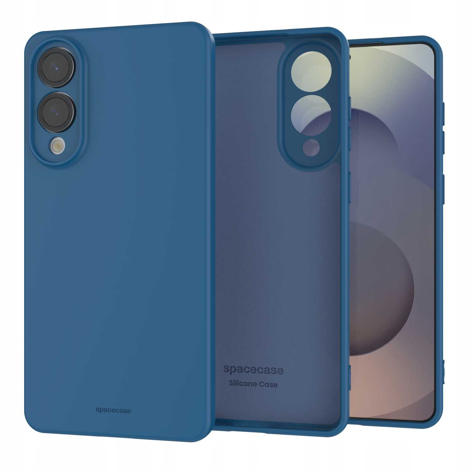 Niebieskie etui na telefon z wycięciami na obiektyw aparatu, obok telefonu.