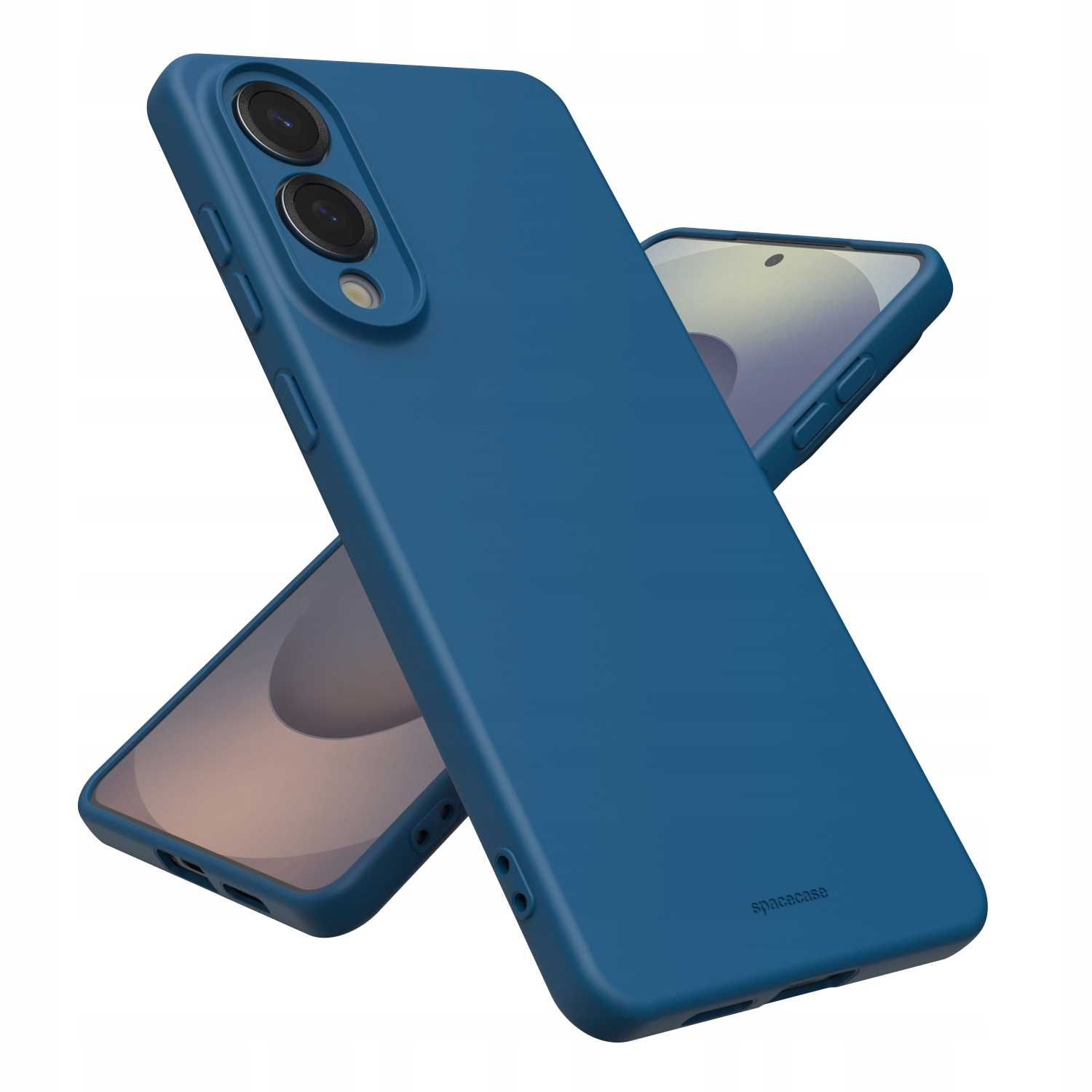 Niebieskie etui na telefon jest pokazane z dwoma telefonami w tle, wszystkie ustawione pod kątem.