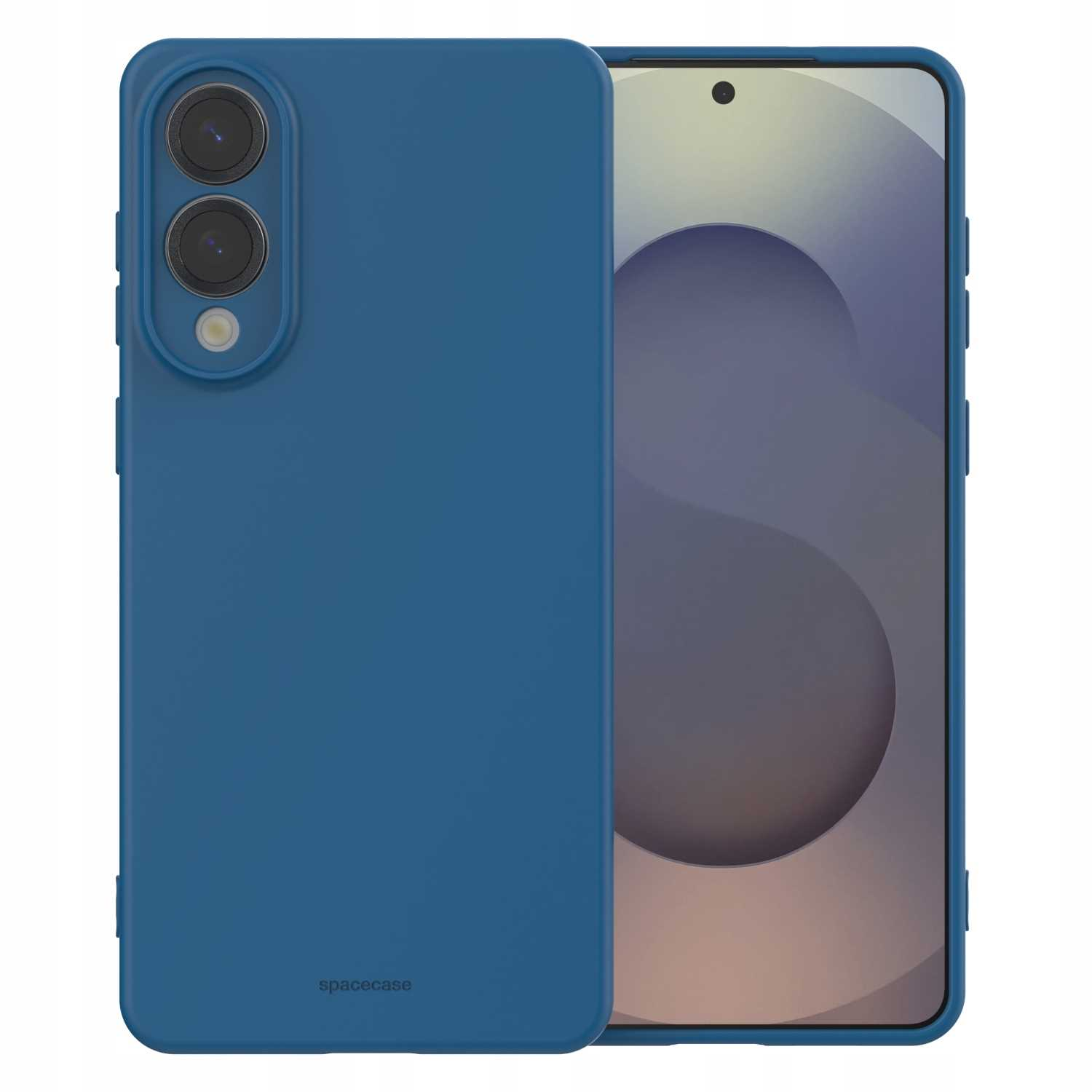 Niebieskie etui na telefon znajduje się obok telefonu z jasnoszarym tłem i ciemniejszym szarym okręgiem.