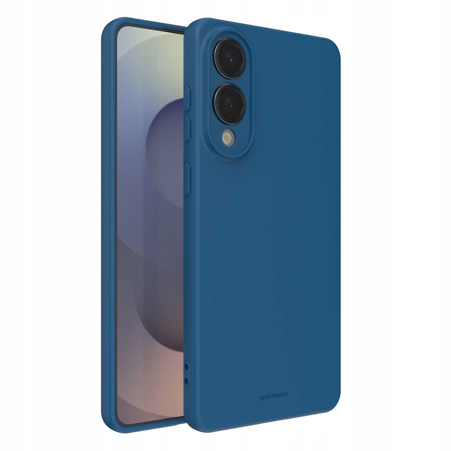 Niebieskie etui na telefon znajduje się obok telefonu z jasnoszarym tłem, ustawionego pod kątem.