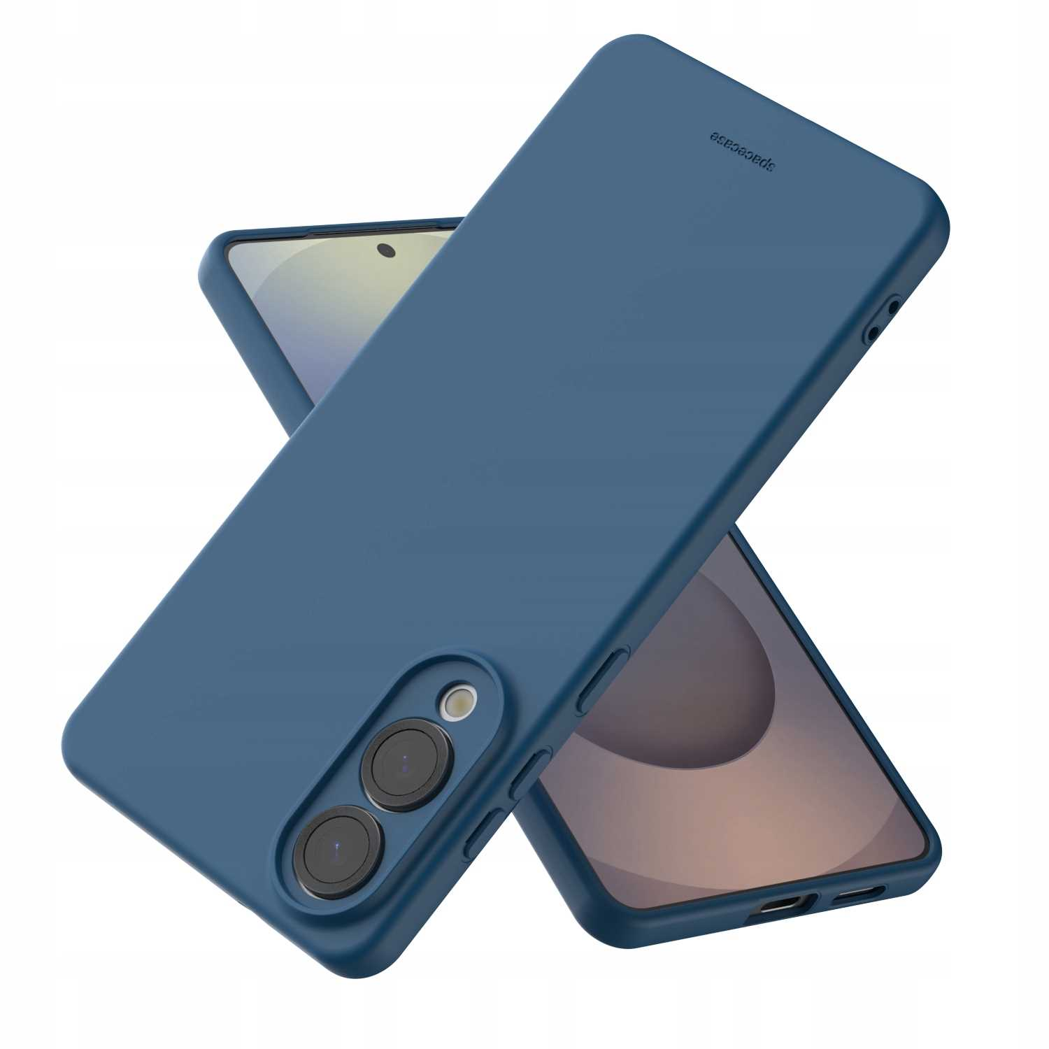 Niebieskie etui na telefon jest pokazane z tyłem telefonu w tle, wszystkie ustawione pod kątem.