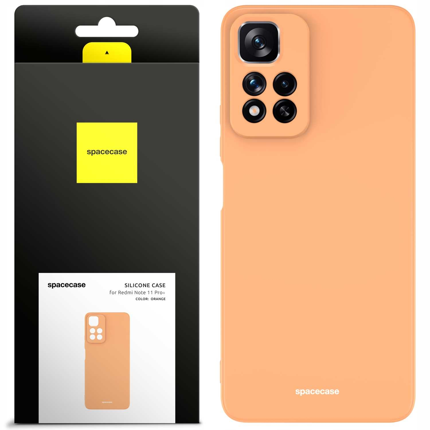 Pomarańczowe etui na telefon obok czarnego opakowania, oba z logo marki w kolorze żółtym.