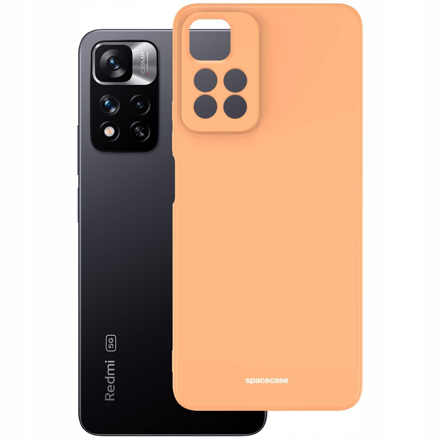 Pomarańczowe etui na telefon obok szarego telefonu, podkreślające kolor i wzór etui.