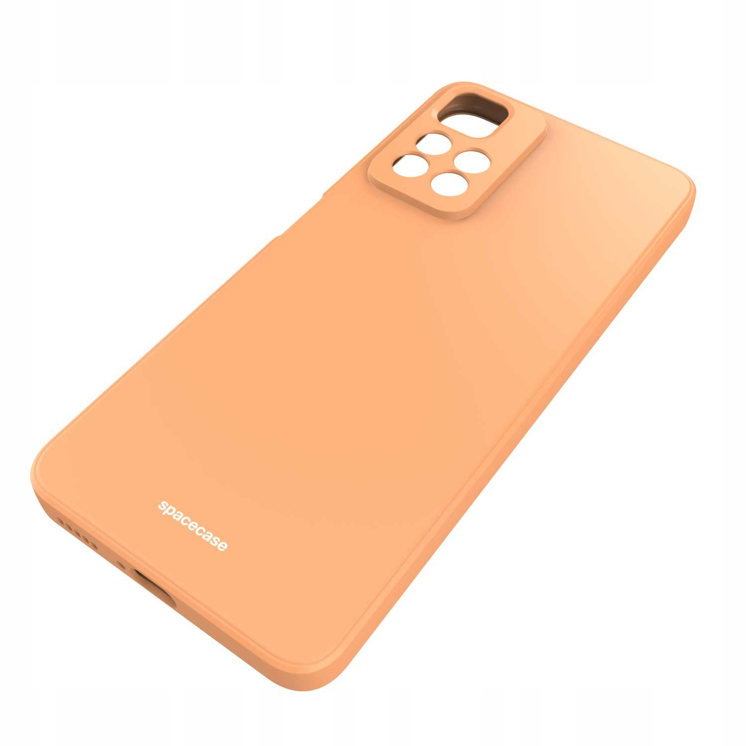 Pomarańczowe etui na telefon jest pokazane pod kątem, z wycięciami na aparat i logo marki.