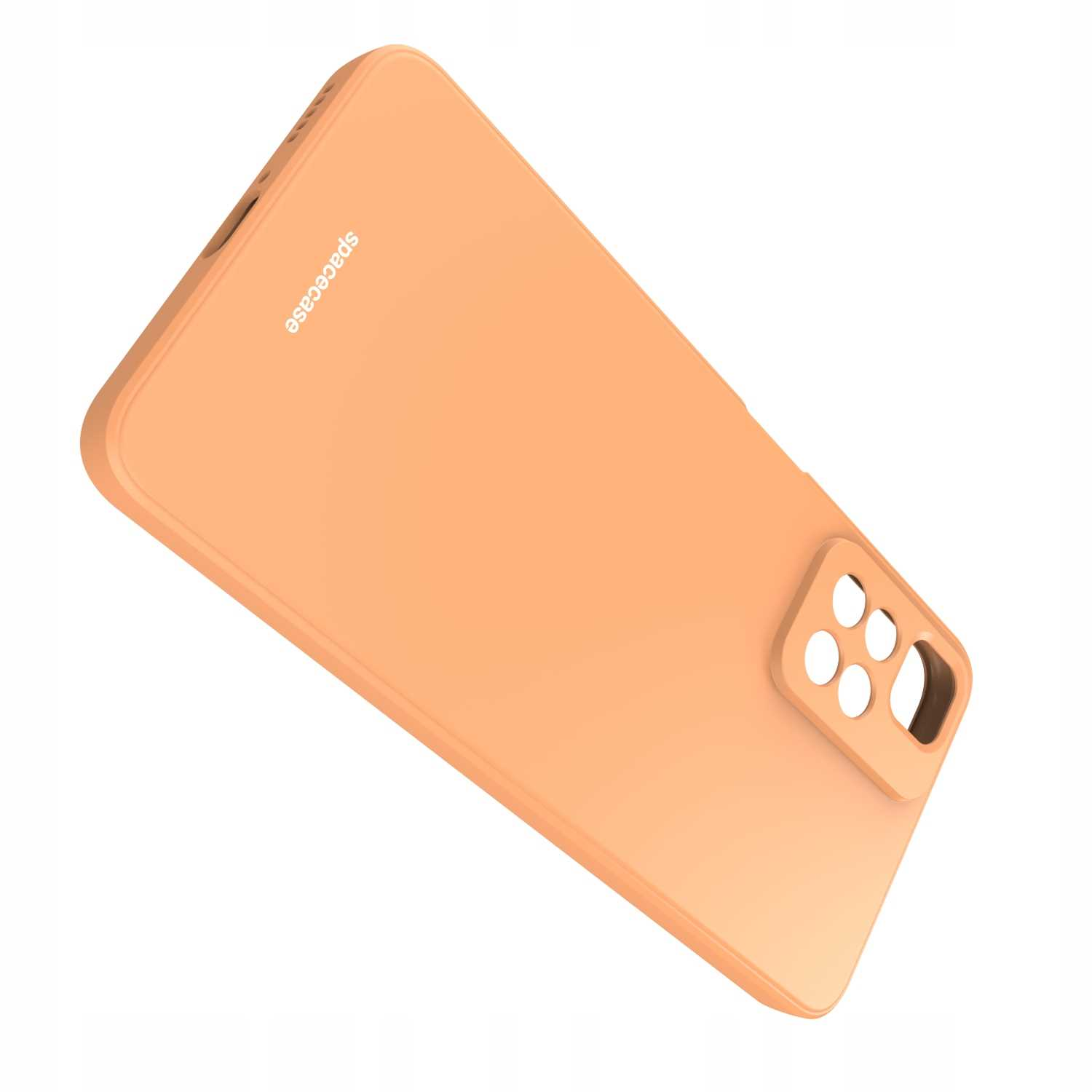 Pomarańczowe etui na telefon jest ustawione pod kątem, aby pokazać wycięcia na aparat i logo marki na białej powierzchni.