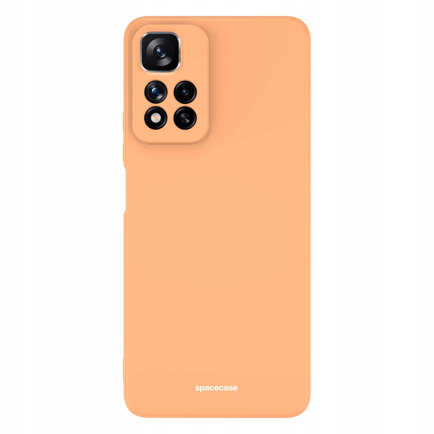 Brzoskwiniowe etui na telefon z wycięciami na aparat i logo 'spacecase' na dole.