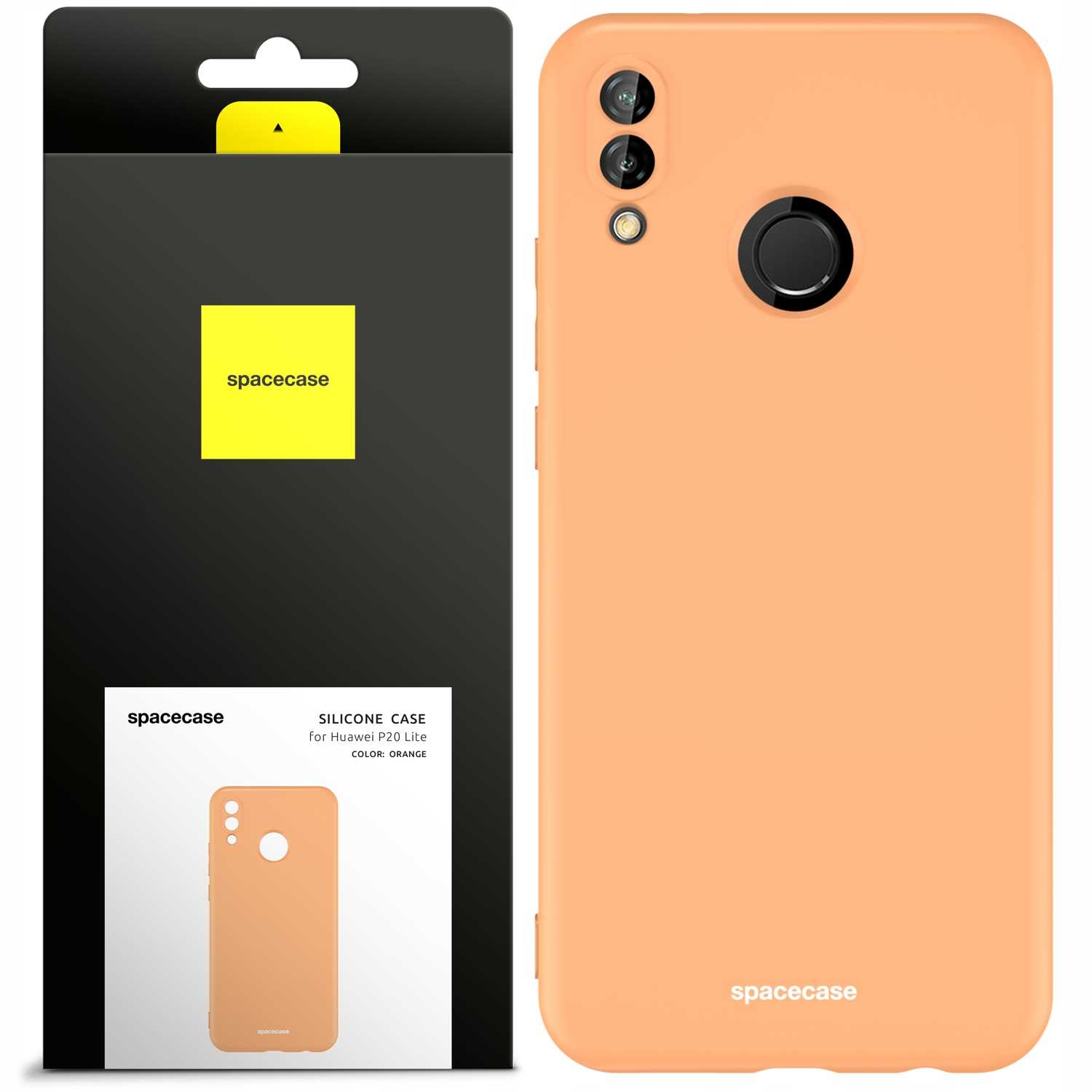 Pomarańczowe etui na telefon i opakowanie. Etui ma wycięcia na aparat i czujnik linii papilarnych, z brandingiem „spacecase”.