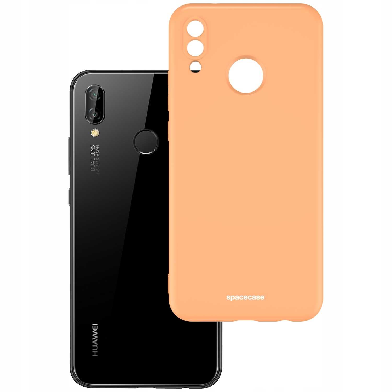 Pomarańczowe etui na telefon obok czarnego telefonu Huawei. Na etui widnieje napis „spacecase”.