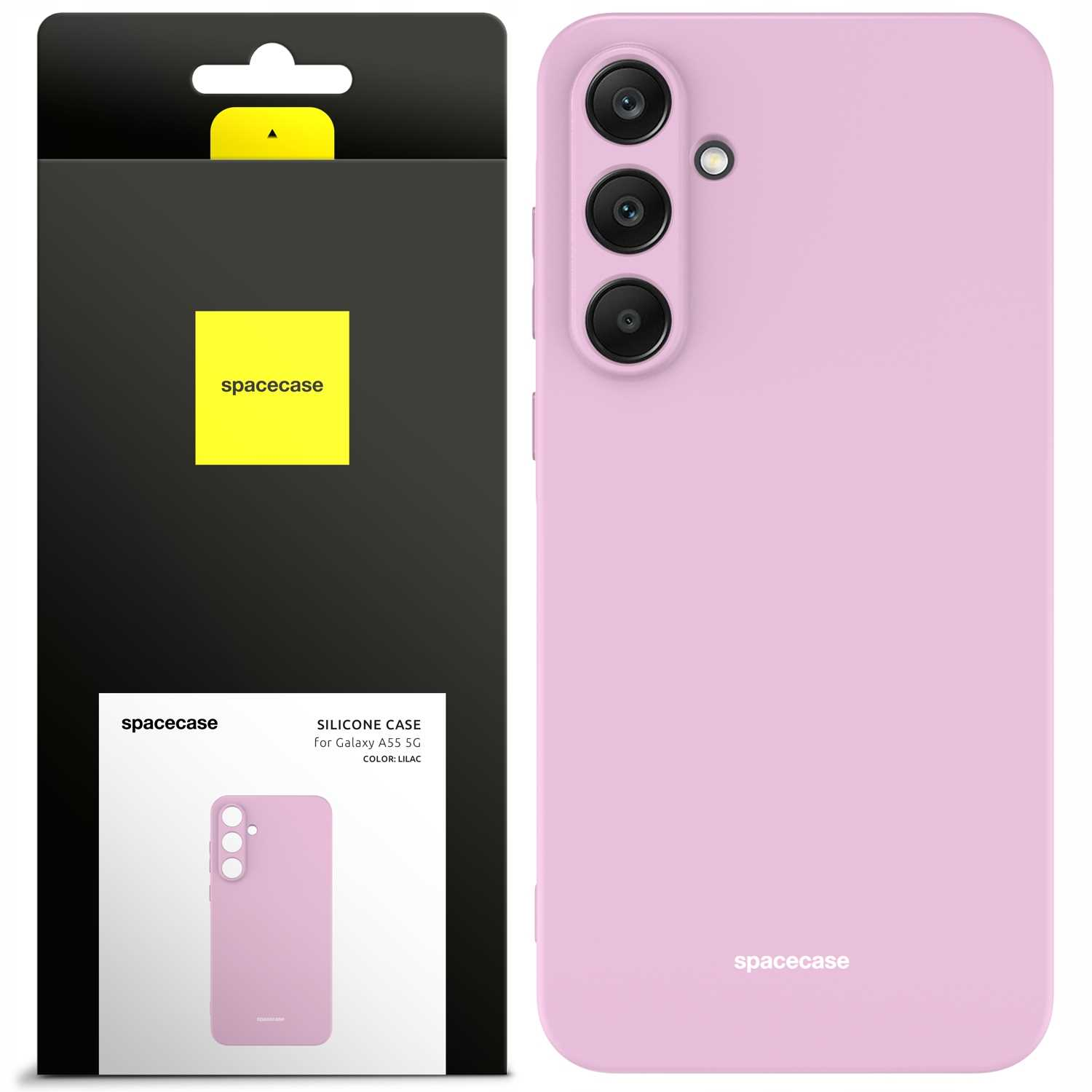 Jasnoróżowe etui na telefon leży obok pudełka, na którym znajduje się żółta etykieta 'spacecase'.