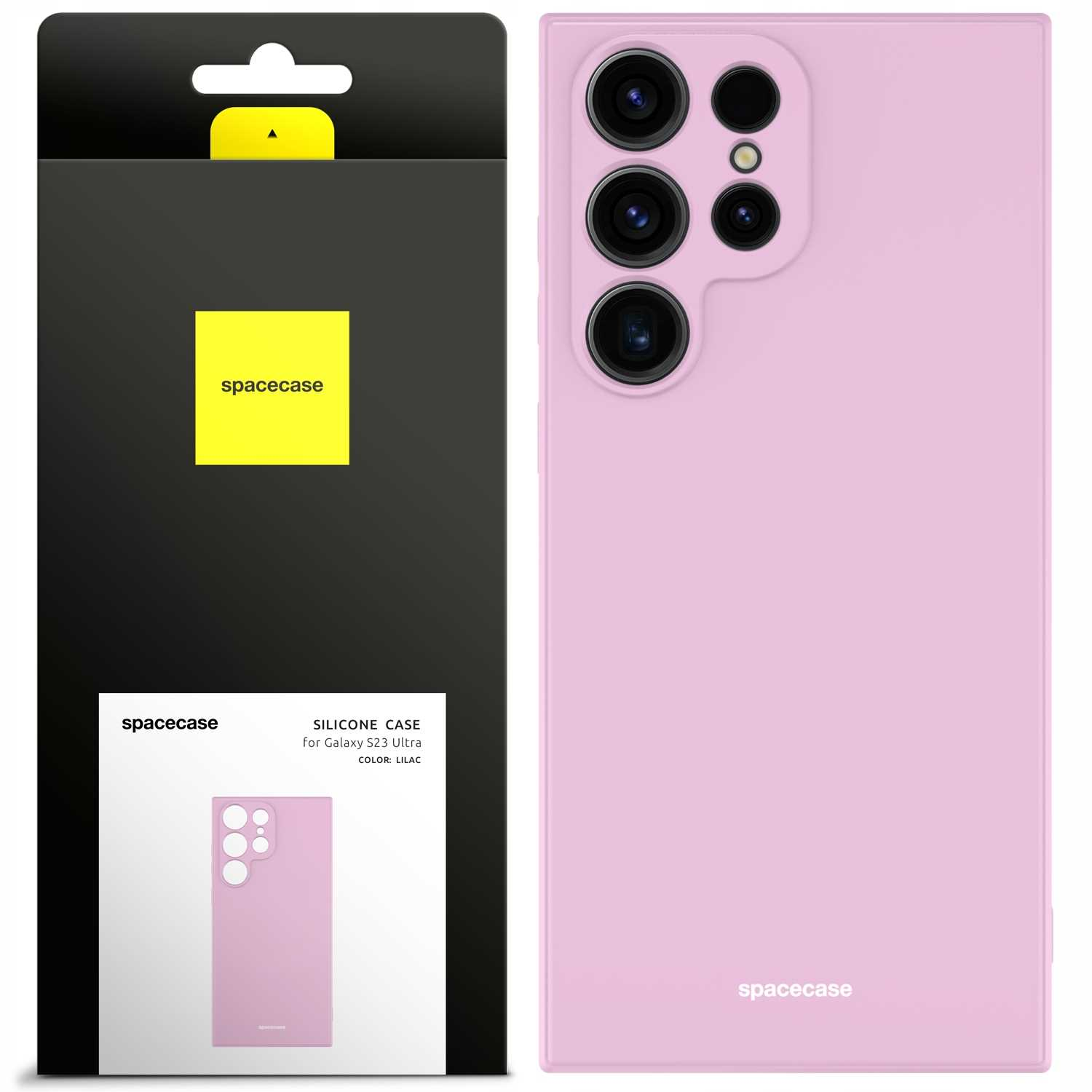 Liliowe etui na telefon i opakowanie. Etui z 'spacecase', pudełko z logo i informacjami.