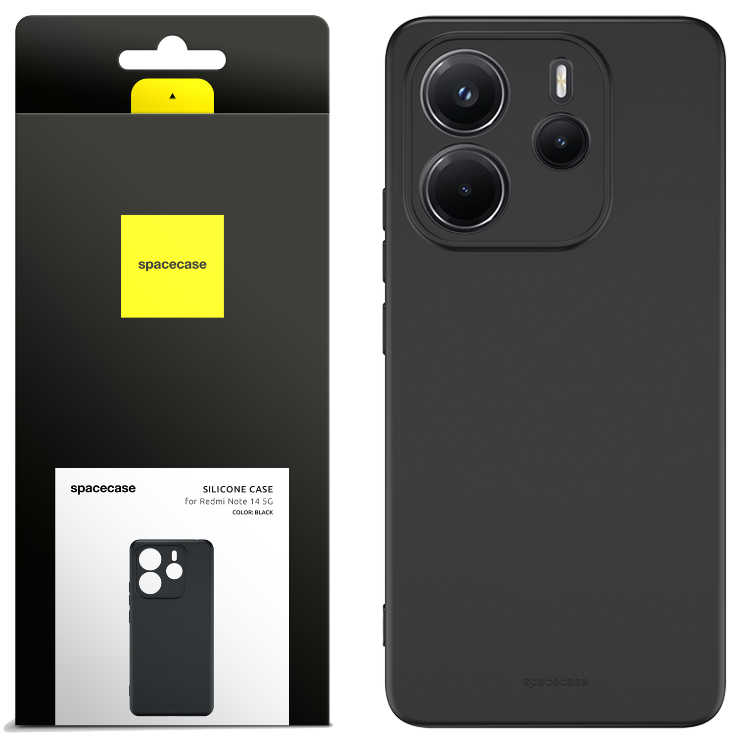 Czarne etui na telefon i opakowanie. Na pudełku 'spacecase' i zdjęcie produktu.