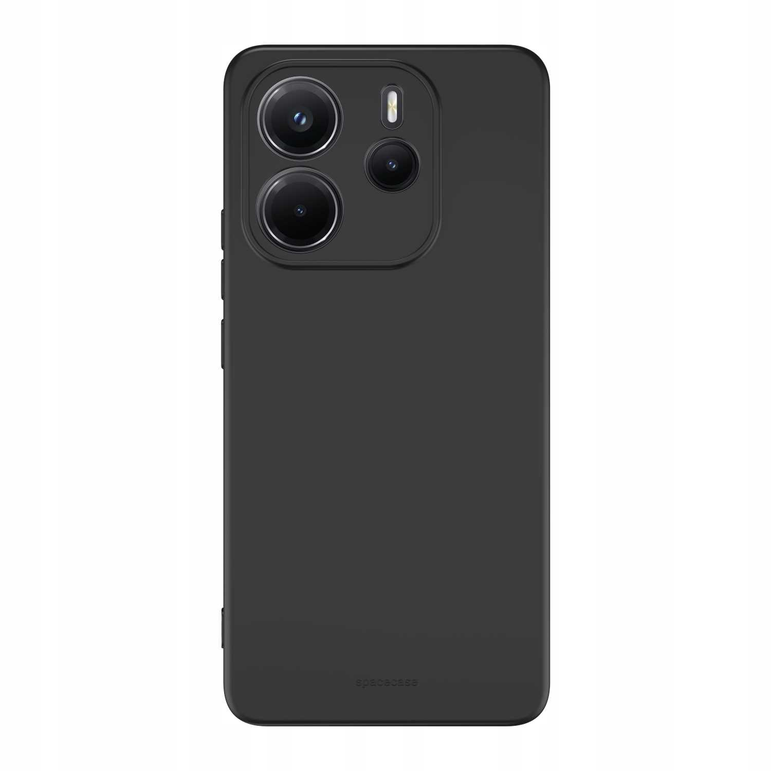 Czarne etui na telefon z logo 'spacecase'. Etui ma wycięcie na aparat.