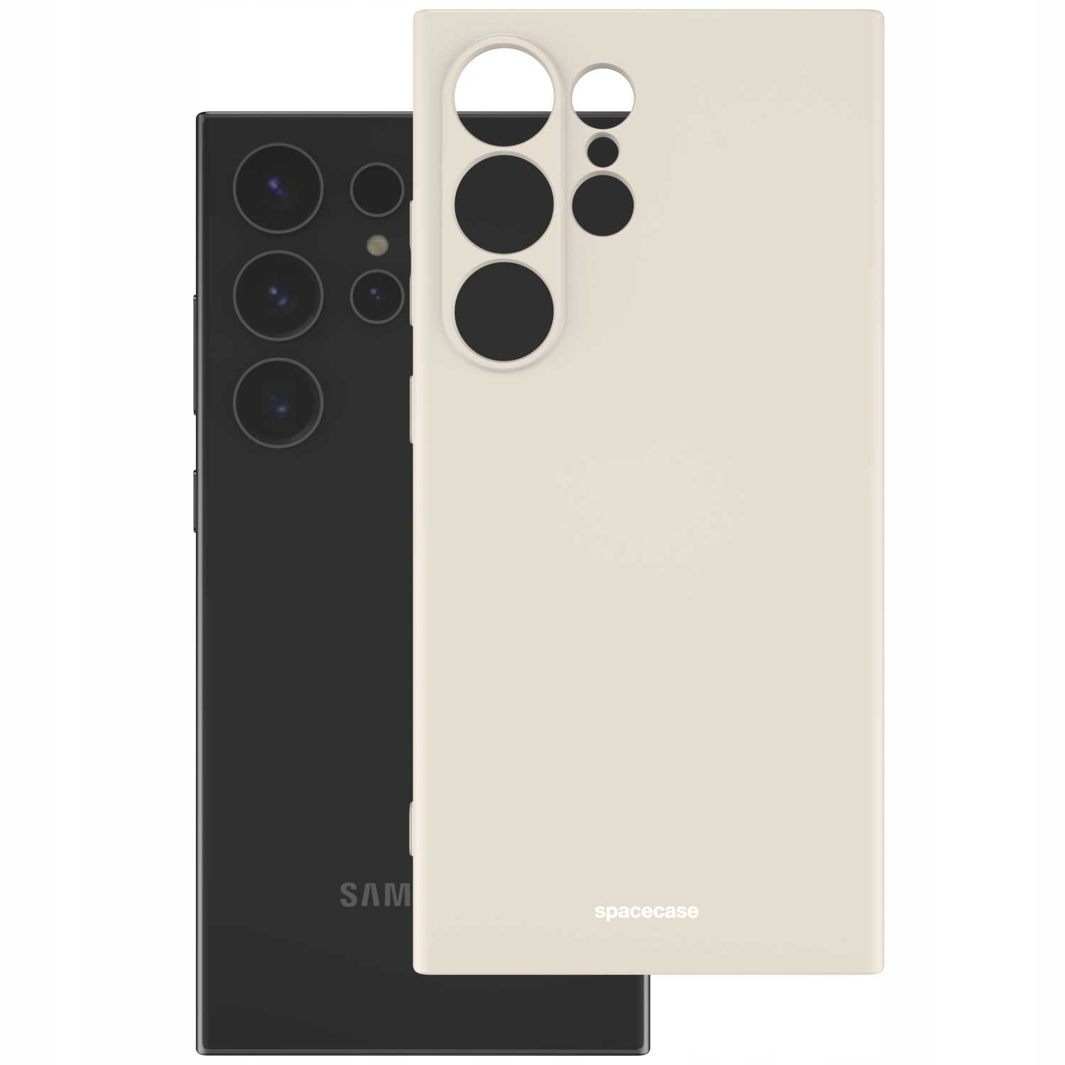 Kremowe etui na telefon znajduje się obok czarnego smartfona z obiektywami aparatu.