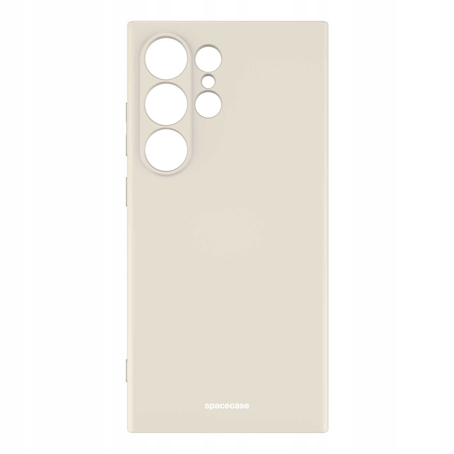 Kremowe etui na telefon z wycięciami na aparat jest wyświetlane na białym tle.