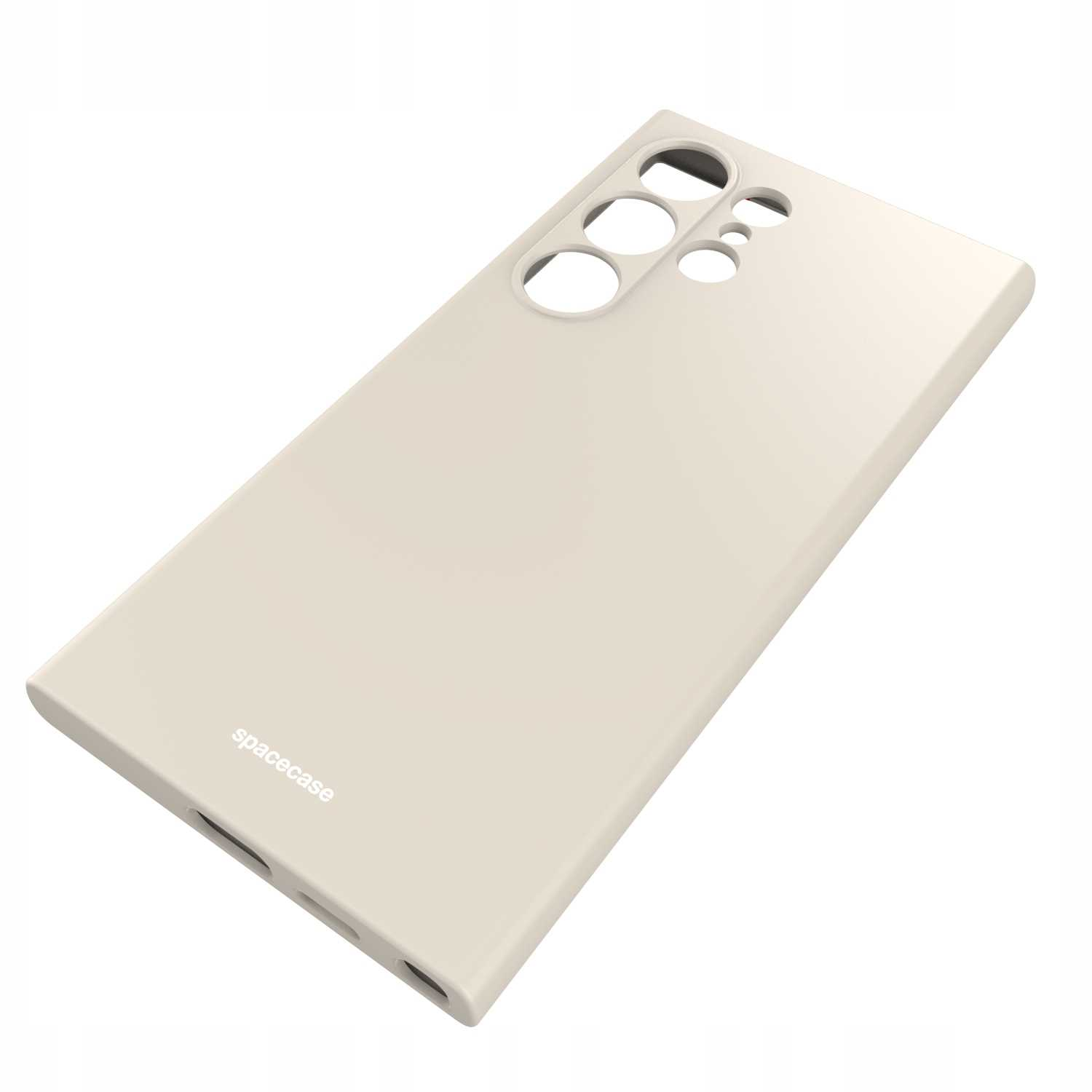 Kremowe etui na telefon jest wyświetlane pod kątem na białym tle.