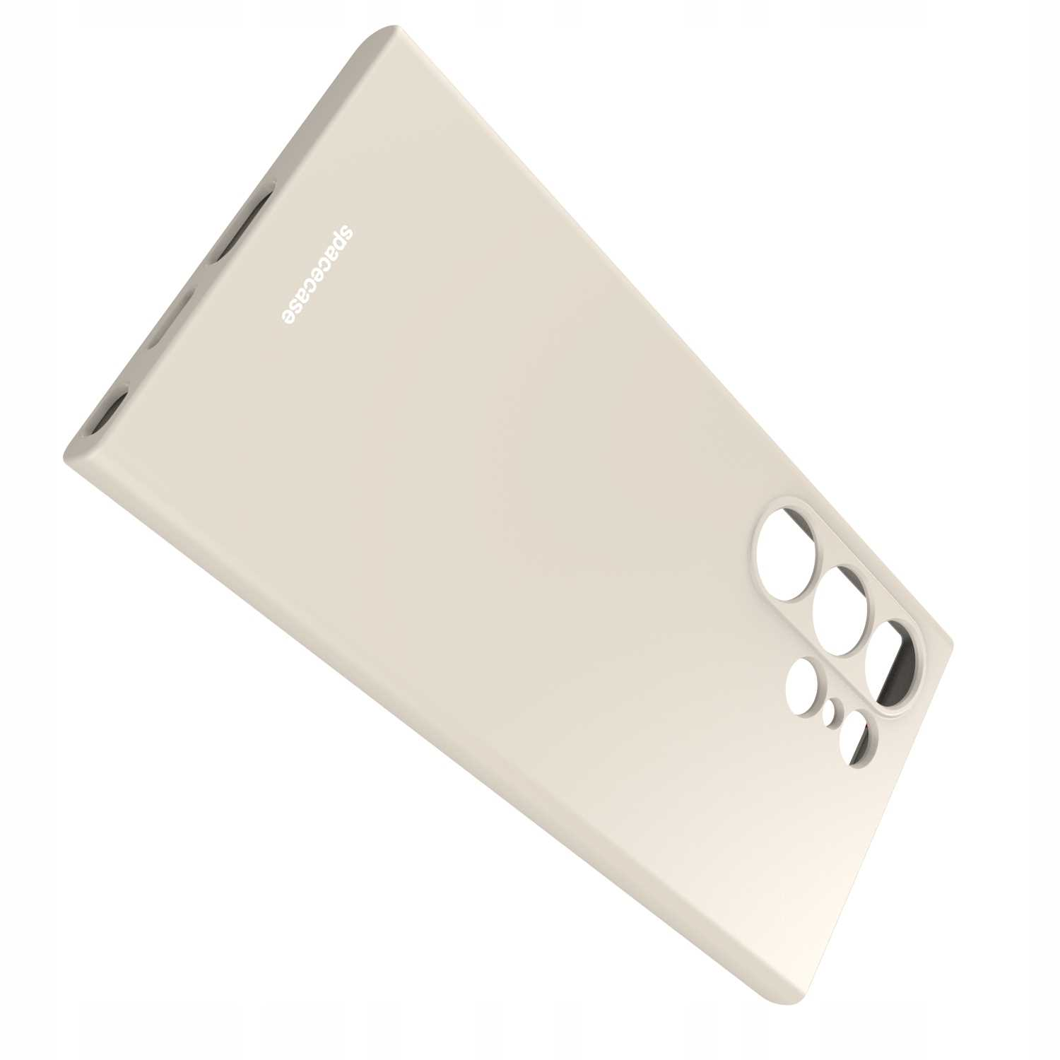 Kremowe etui na telefon jest wyświetlane pod kątem na białym tle.