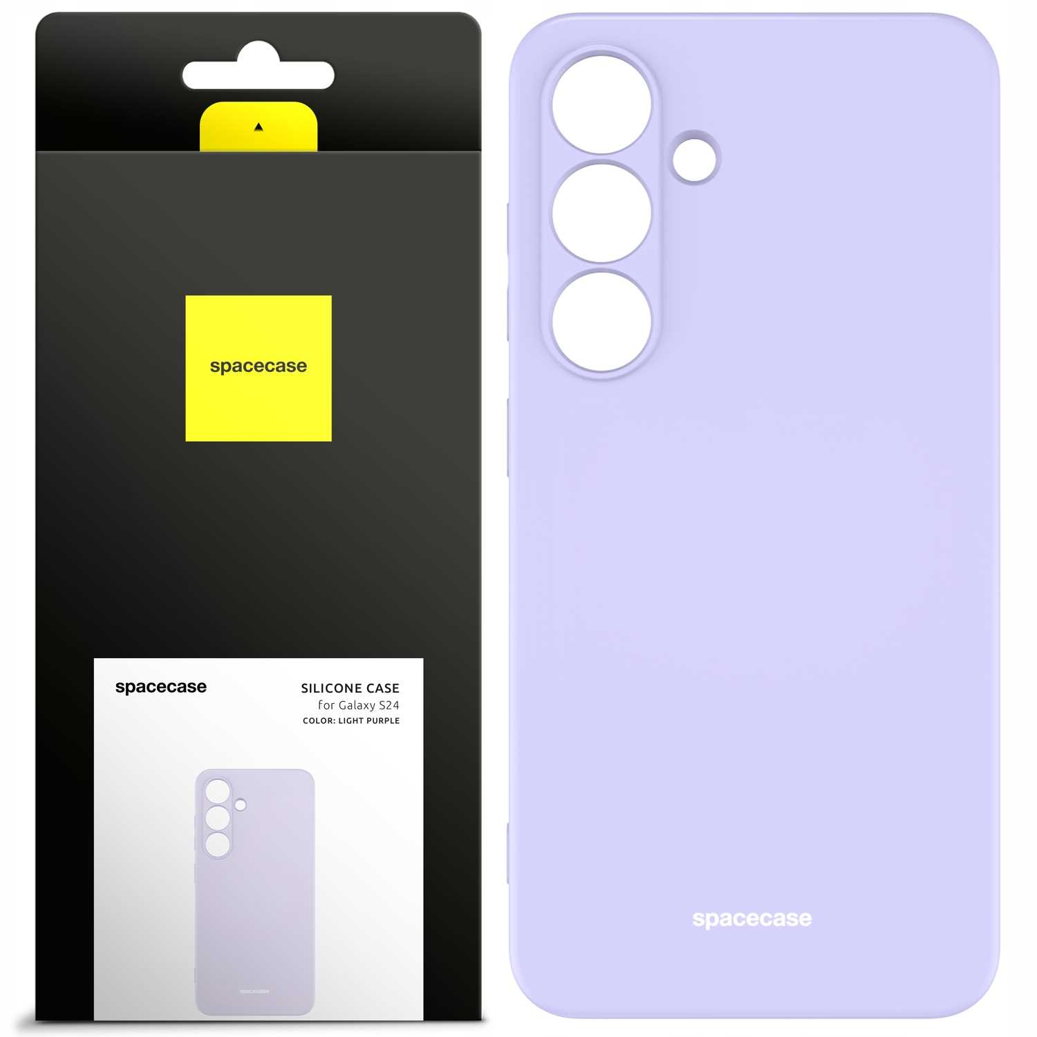 Jasnofioletowe etui na telefon 'spacecase' i opakowanie na białym tle.